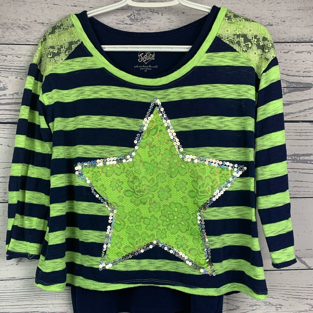 Justice Neon Green Star with Strips and Lace sz 16